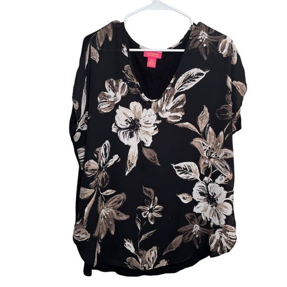 Catherine Malandrino Blouse Women's Large Black Floral Short Sleeve Career Top - Picture 1 of 8